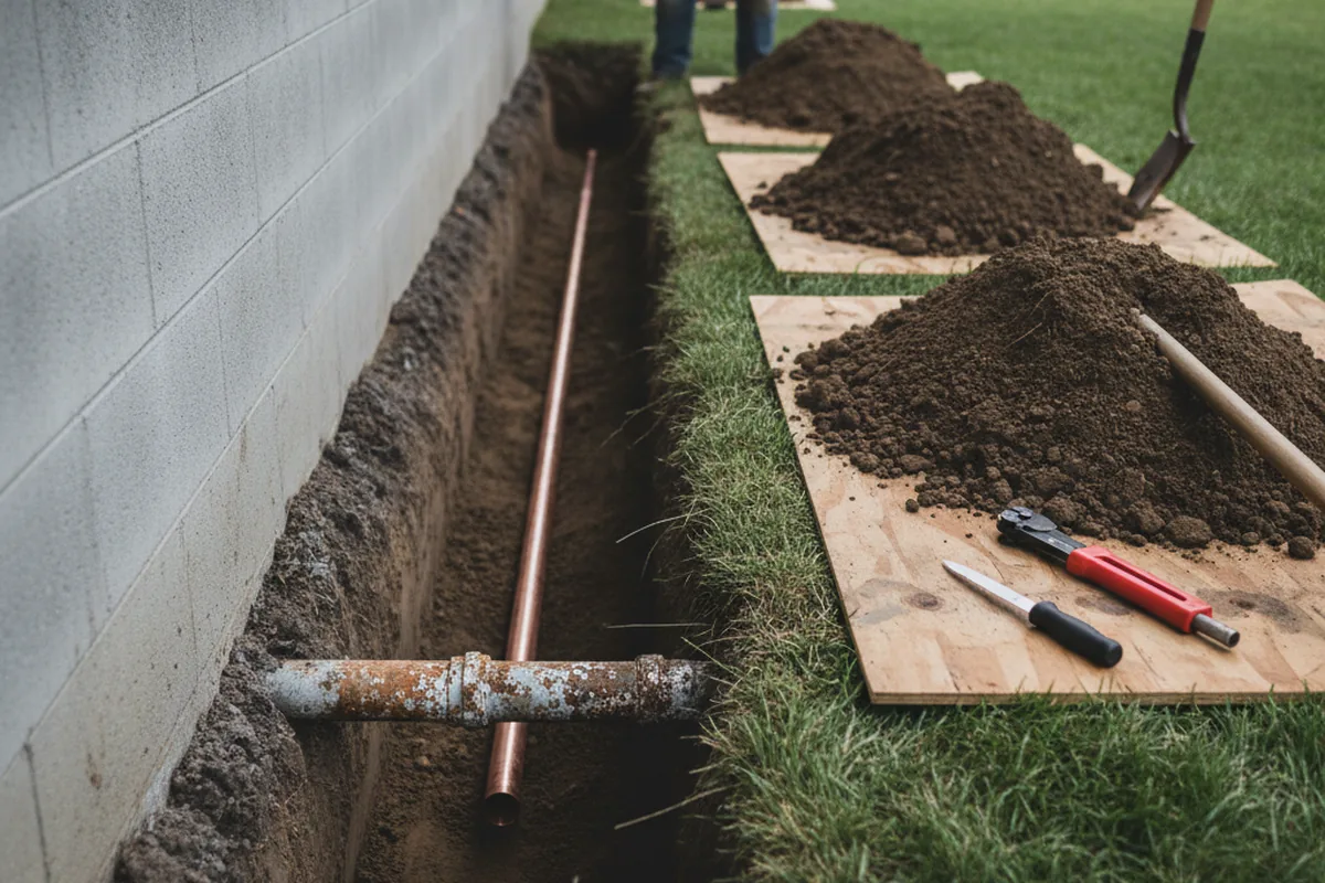 Excavated water line trench during Sewer Line Repair in Zanesfield